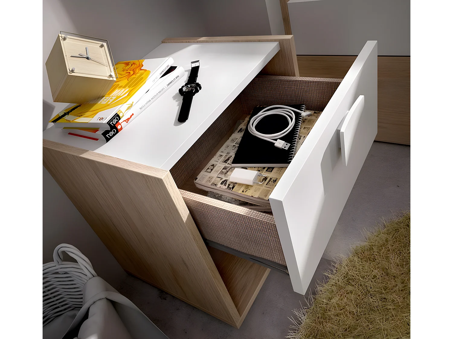 Table de chevet Table de nuit enfant coloris chêne/blanc - Longueur 40 x Hauteur 42 x Profondeur 33 cm