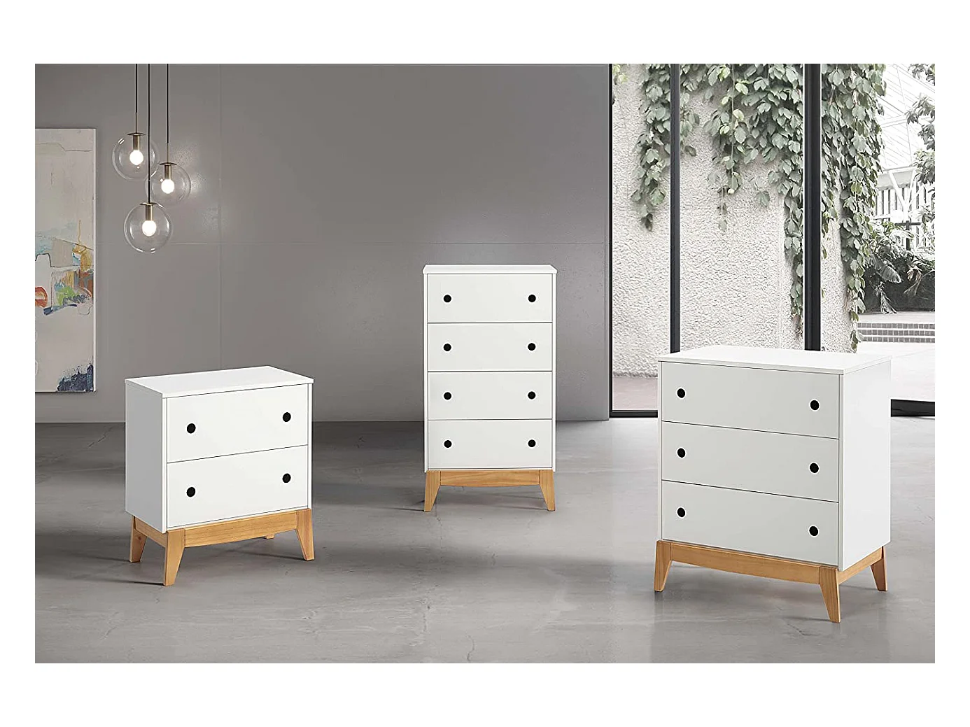 Table de Chevet table de nuit en MDF et pin massif laqué blanc et chêne - Longueur 55 x Profondeur 30 x Hauteur 59,9 cm