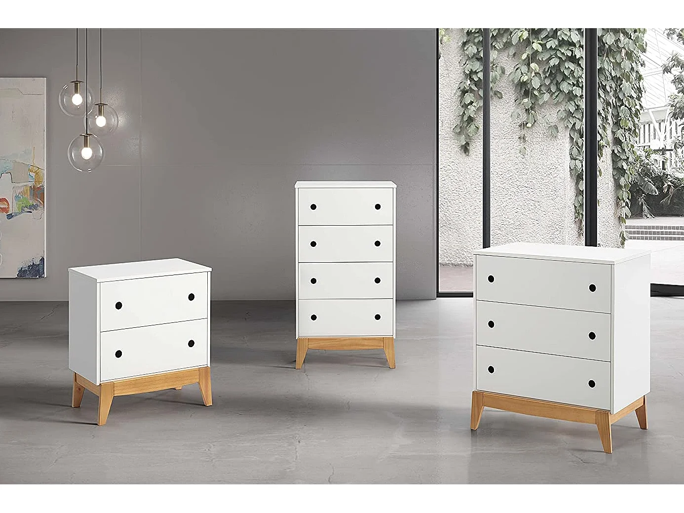 Table de Chevet table de nuit en MDF et pin massif laqué blanc et chêne - Longueur 55 x Profondeur 30 x Hauteur 59,9 cm