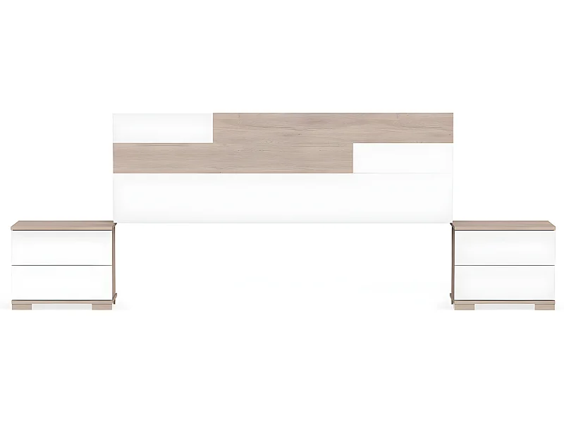 Ensemble 2 tables de chevet + tête de lit coloris effet bois / blanc - Hauteur 105 x Longueur 212 x Profondeur 36 cm