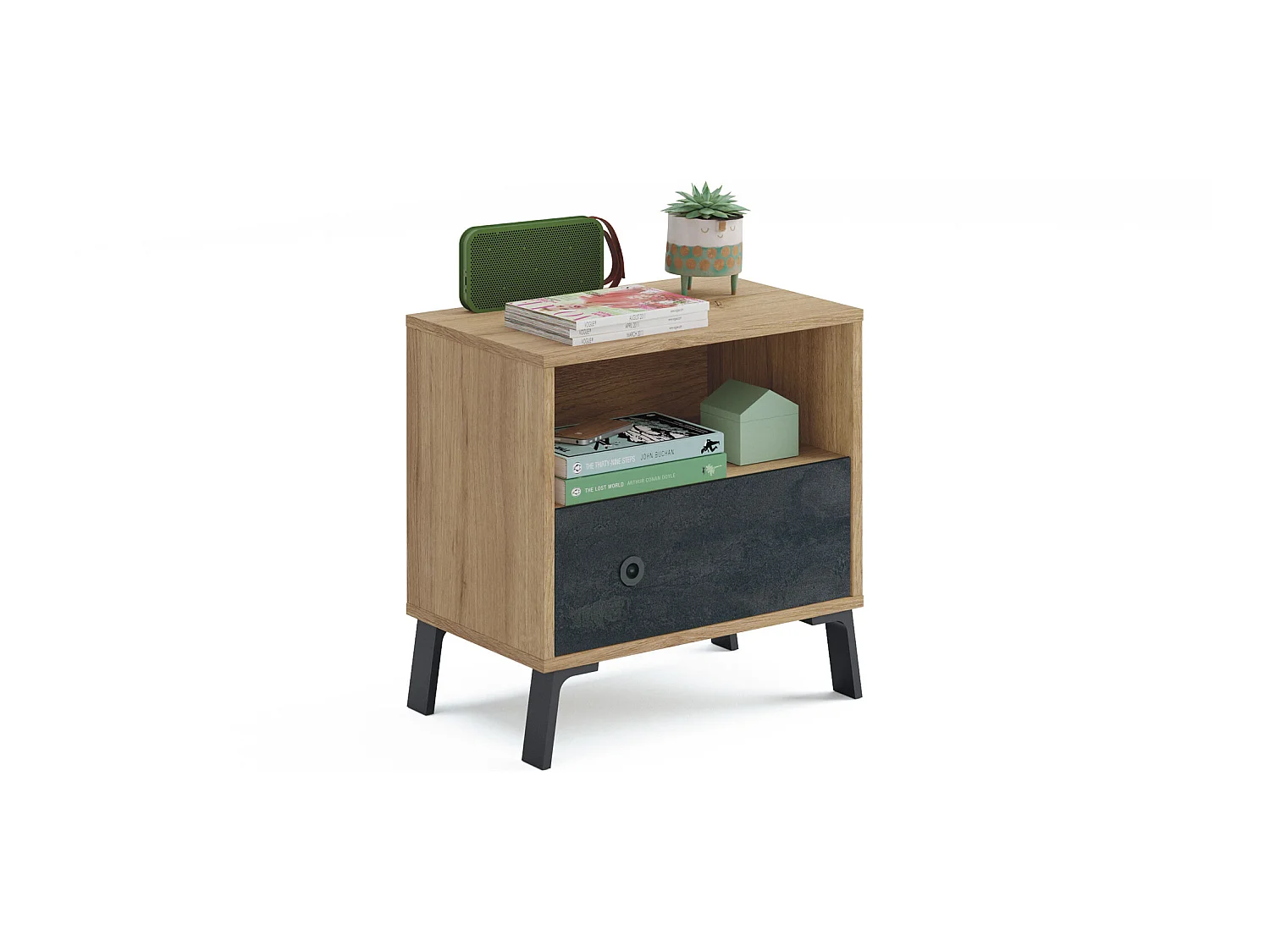 Table de chevet coloris chêne doré / imitation marbre - Hauteur 52 x Longueur 50 x Profondeur 35 cm