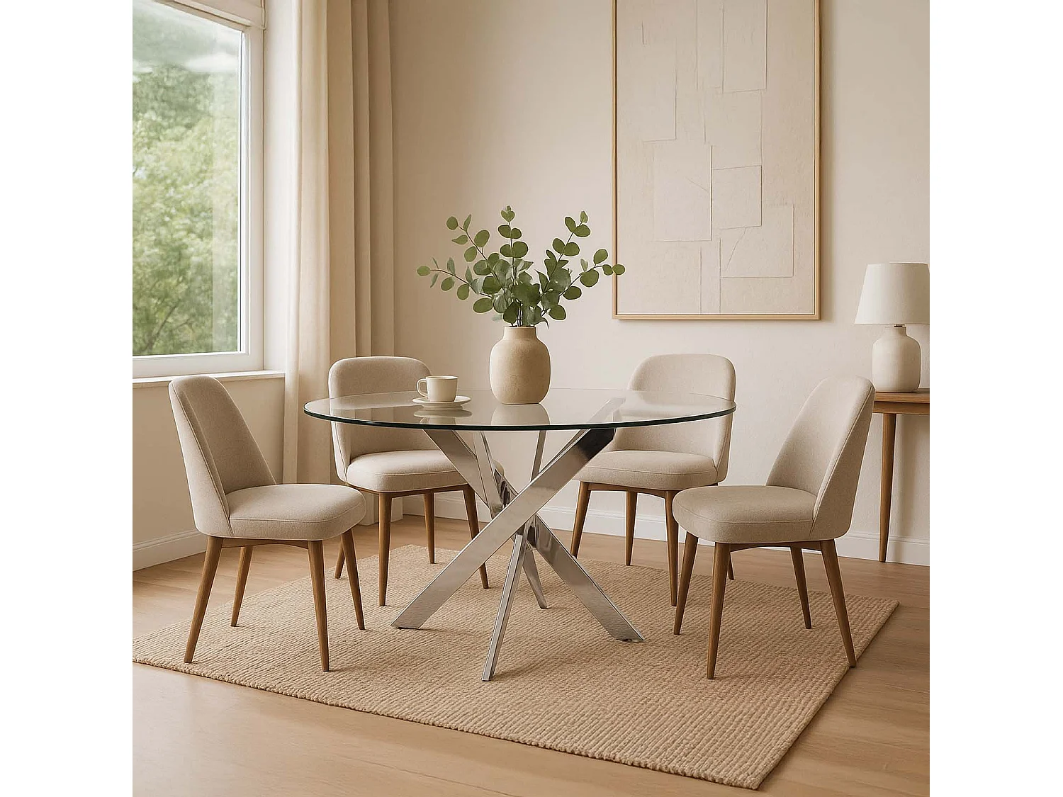 Table ronde en verre et pied chromé Sofia