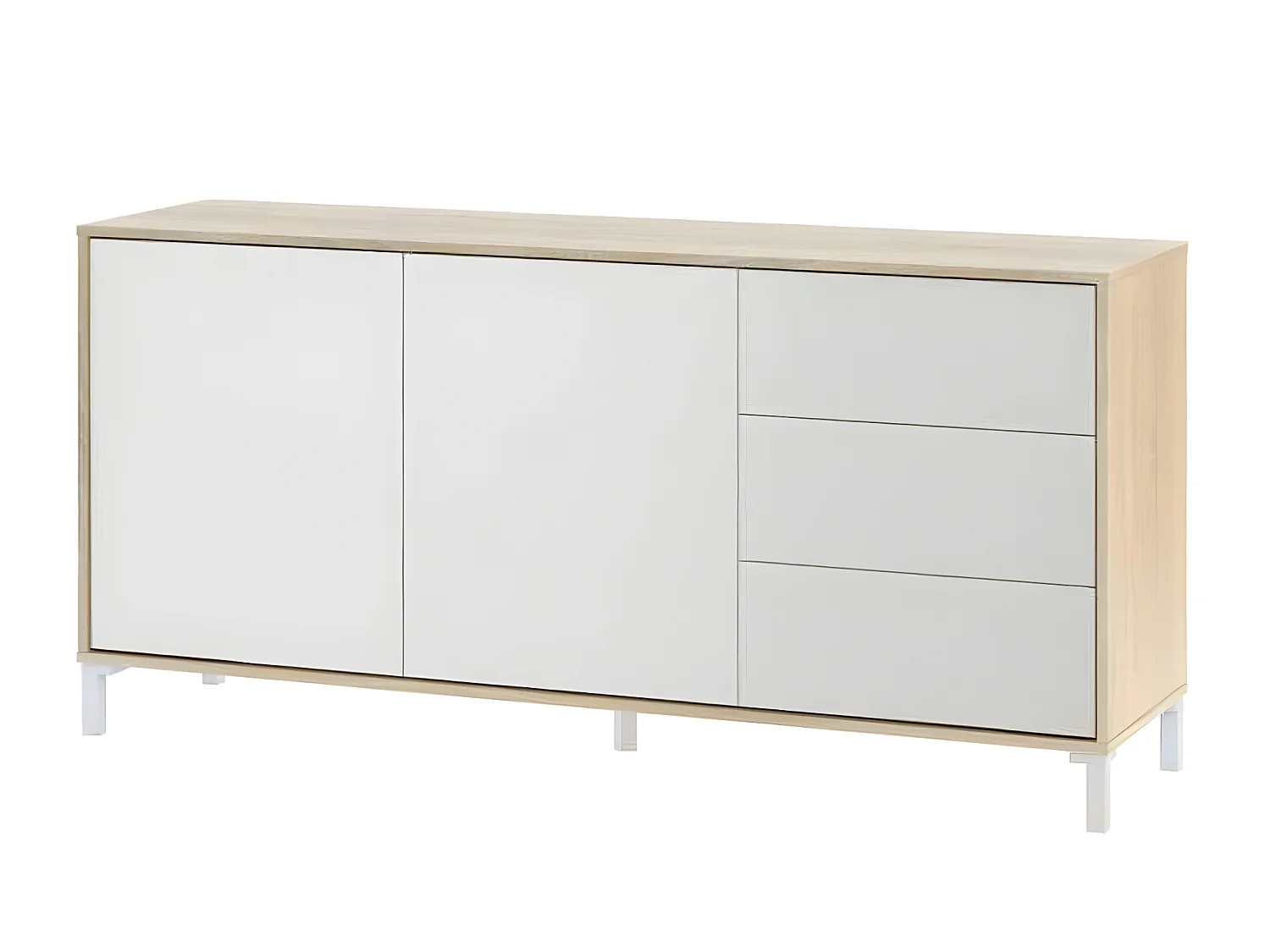 Buffet avec 2 portes et 3 tiroirs coloris chêne canadien / blanc artic - Hauteur 74 x Longueur 154 x Profondeur 41 cm