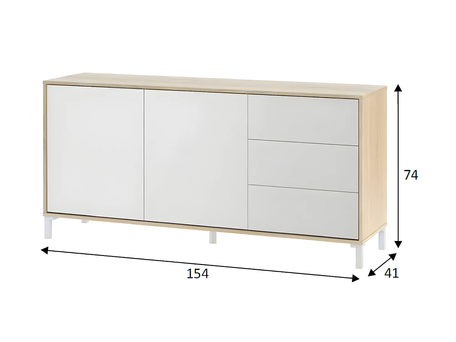 Buffet avec 2 portes et 3 tiroirs coloris chêne canadien / blanc artic - Hauteur 74 x Longueur 154 x Profondeur 41 cm