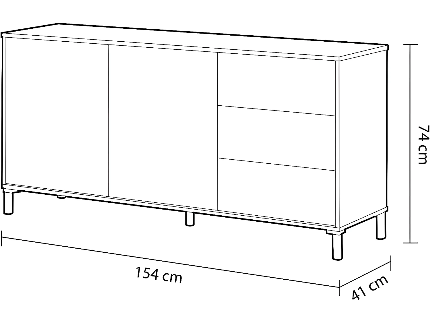 Buffet avec 2 portes et 3 tiroirs coloris chêne canadien / blanc artic - Hauteur 74 x Longueur 154 x Profondeur 41 cm