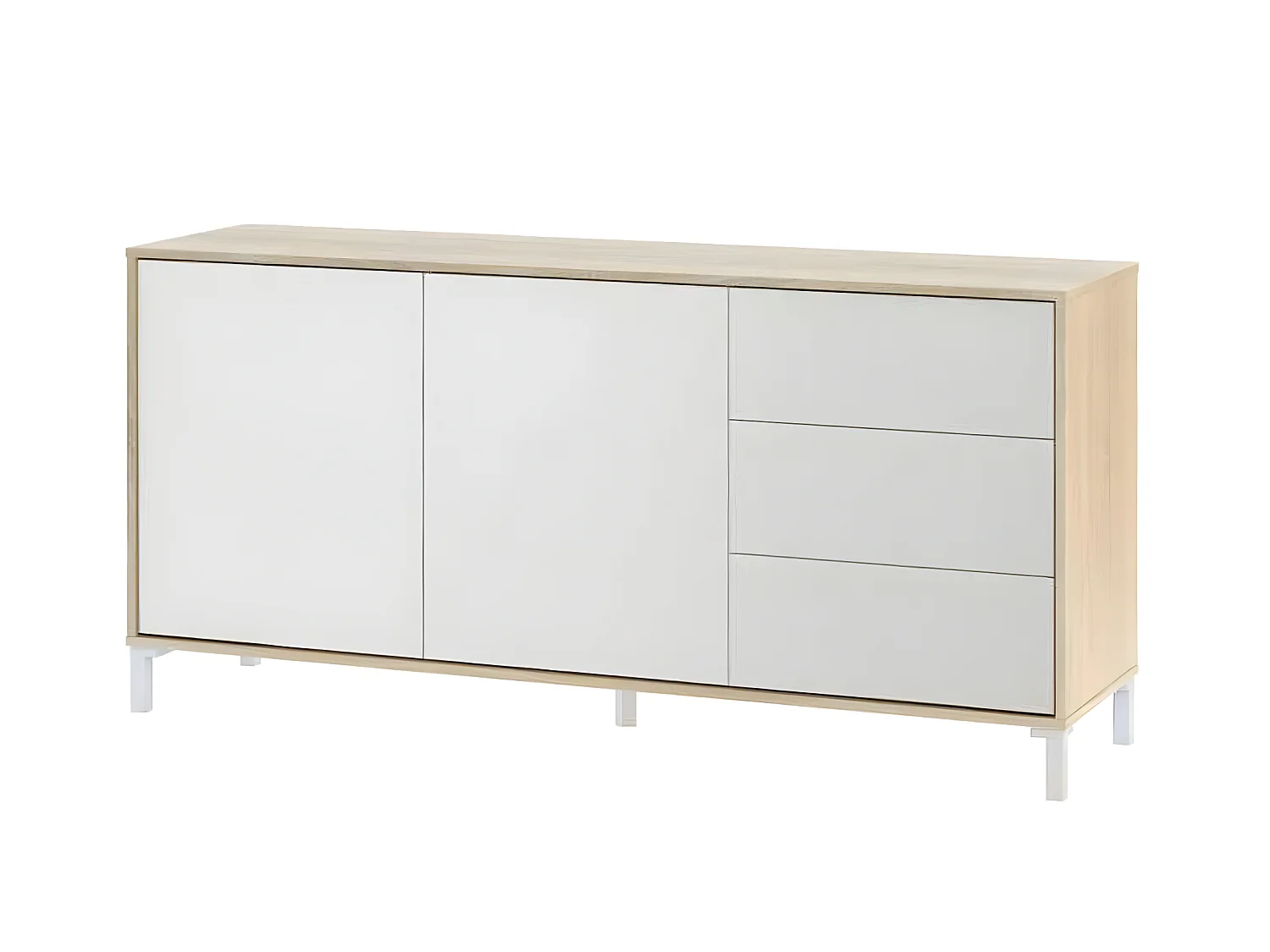 Buffet avec 2 portes et 3 tiroirs coloris chêne canadien / blanc artic - Hauteur 74 x Longueur 154 x Profondeur 41 cm