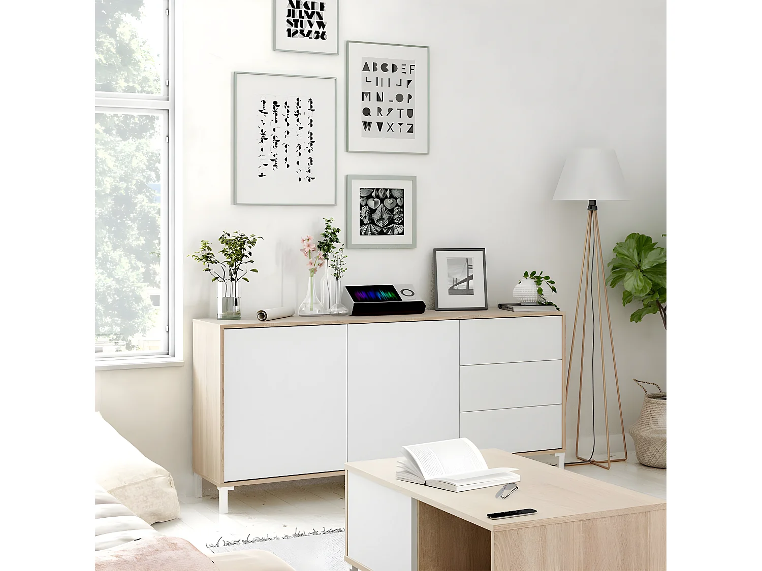 Buffet avec 2 portes et 3 tiroirs coloris chêne canadien / blanc artic - Hauteur 74 x Longueur 154 x Profondeur 41 cm