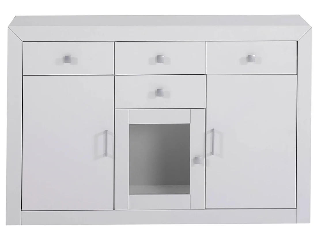 Buffet meuble de rangement en MDF et pin massif laqué blanc - Longueur 130 x Profondeur 42 x Hauteur 86 cm