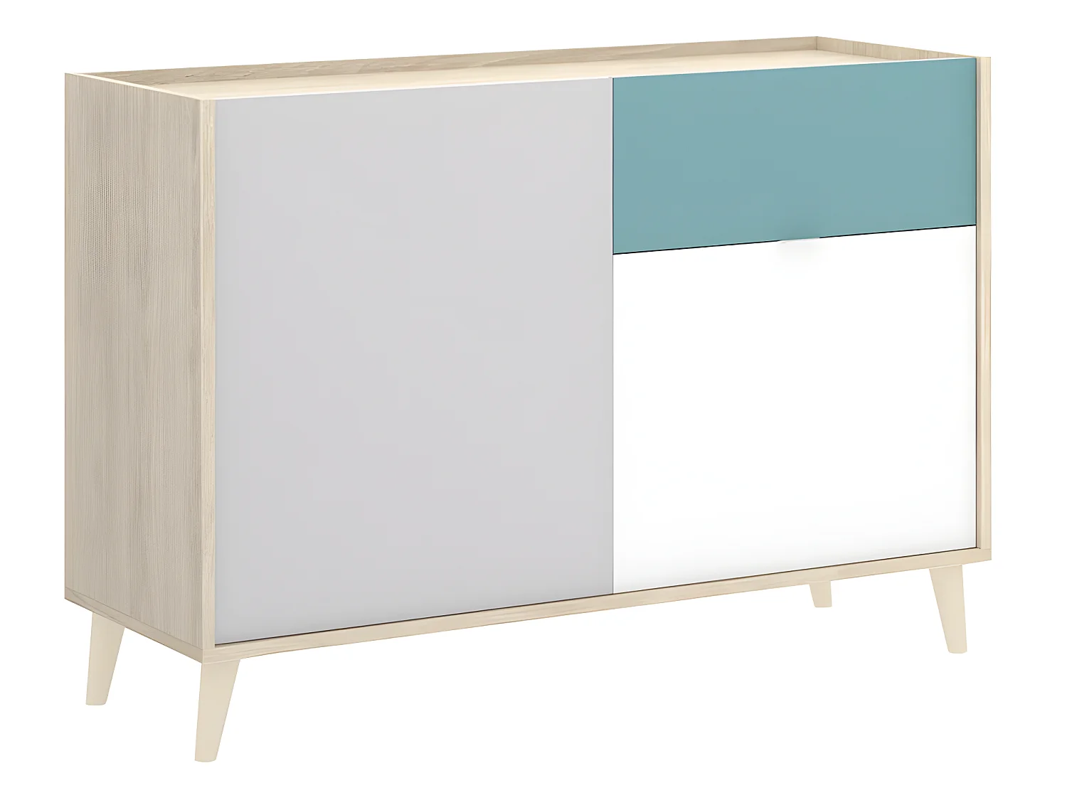 Buffet Bas 2 portes et 1 tiroir coloris naturel et émeraude - Longueur 105 x Hauteur 75 x Profondeur 43 cm