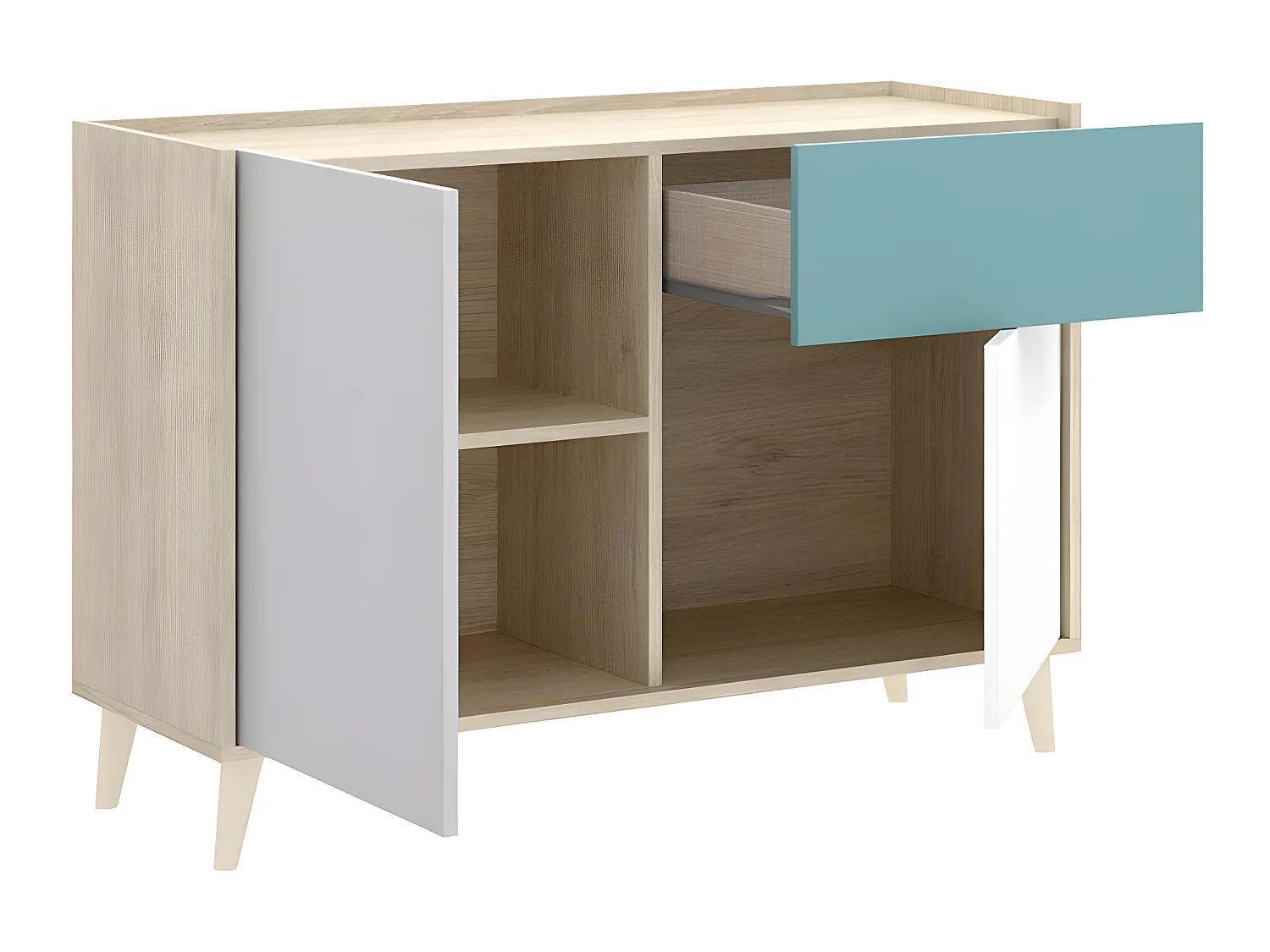 Buffet Bas 2 portes et 1 tiroir coloris naturel et émeraude - Longueur 105 x Hauteur 75 x Profondeur 43 cm