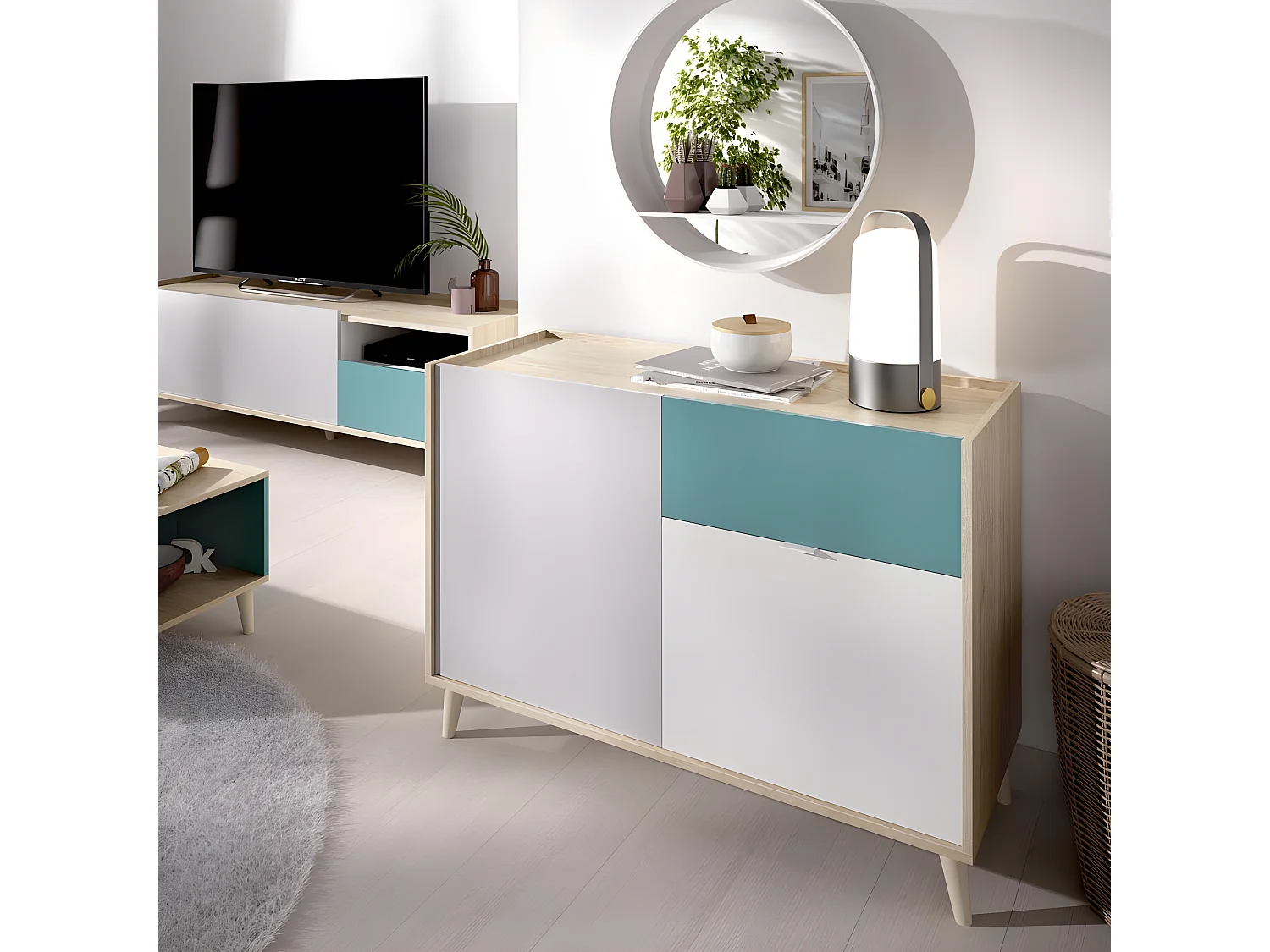 Buffet Bas 2 portes et 1 tiroir coloris naturel et émeraude - Longueur 105 x Hauteur 75 x Profondeur 43 cm