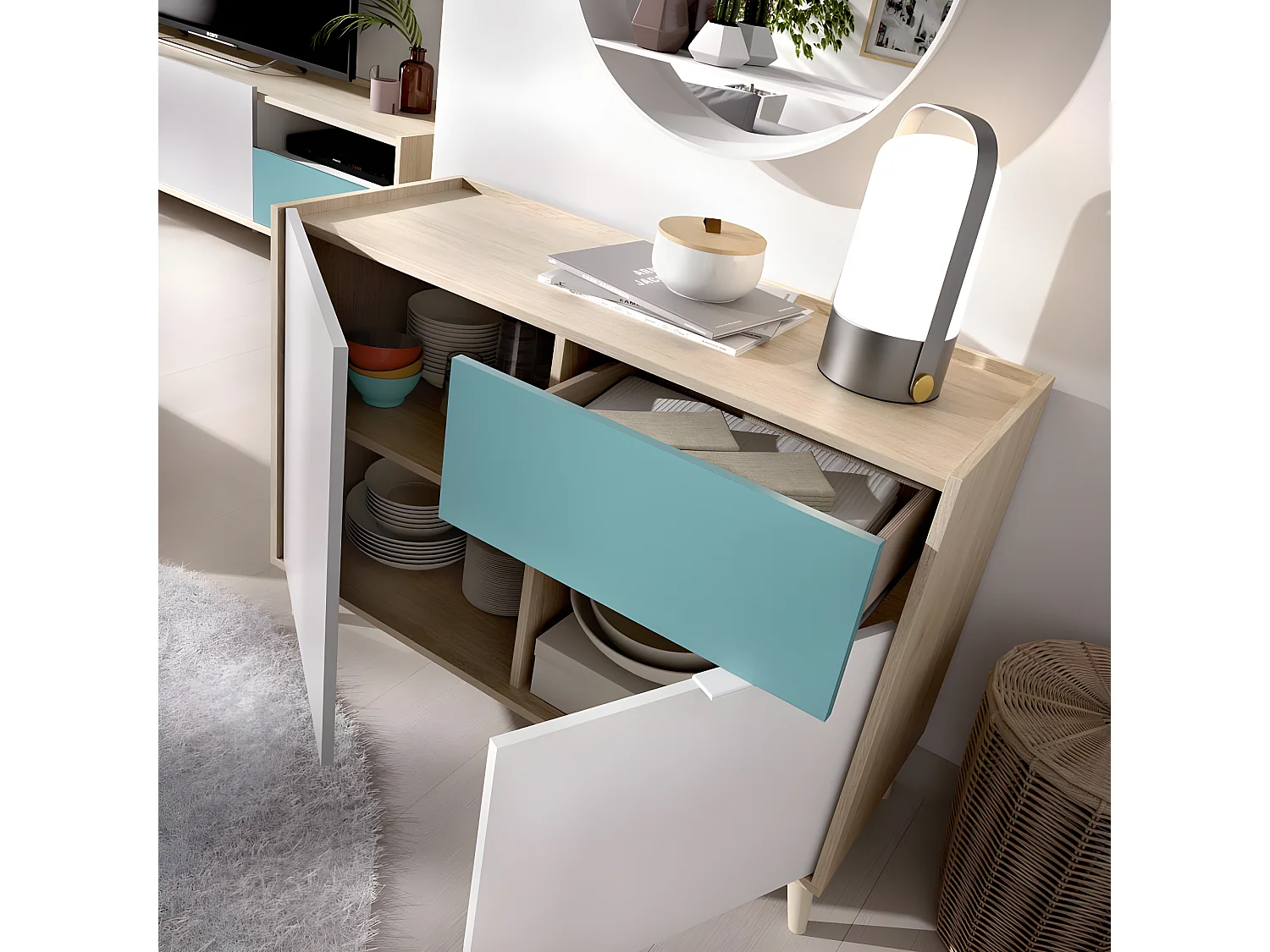 Buffet Bas 2 portes et 1 tiroir coloris naturel et émeraude - Longueur 105 x Hauteur 75 x Profondeur 43 cm