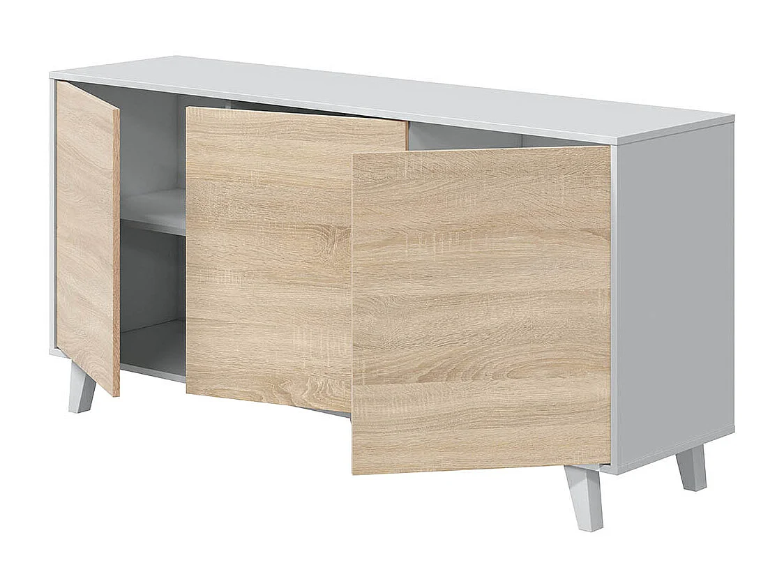 Buffet avec 3 Portes coloris blanc brillant et chêne - Dim : L 154 x P 41 x H 75 cm