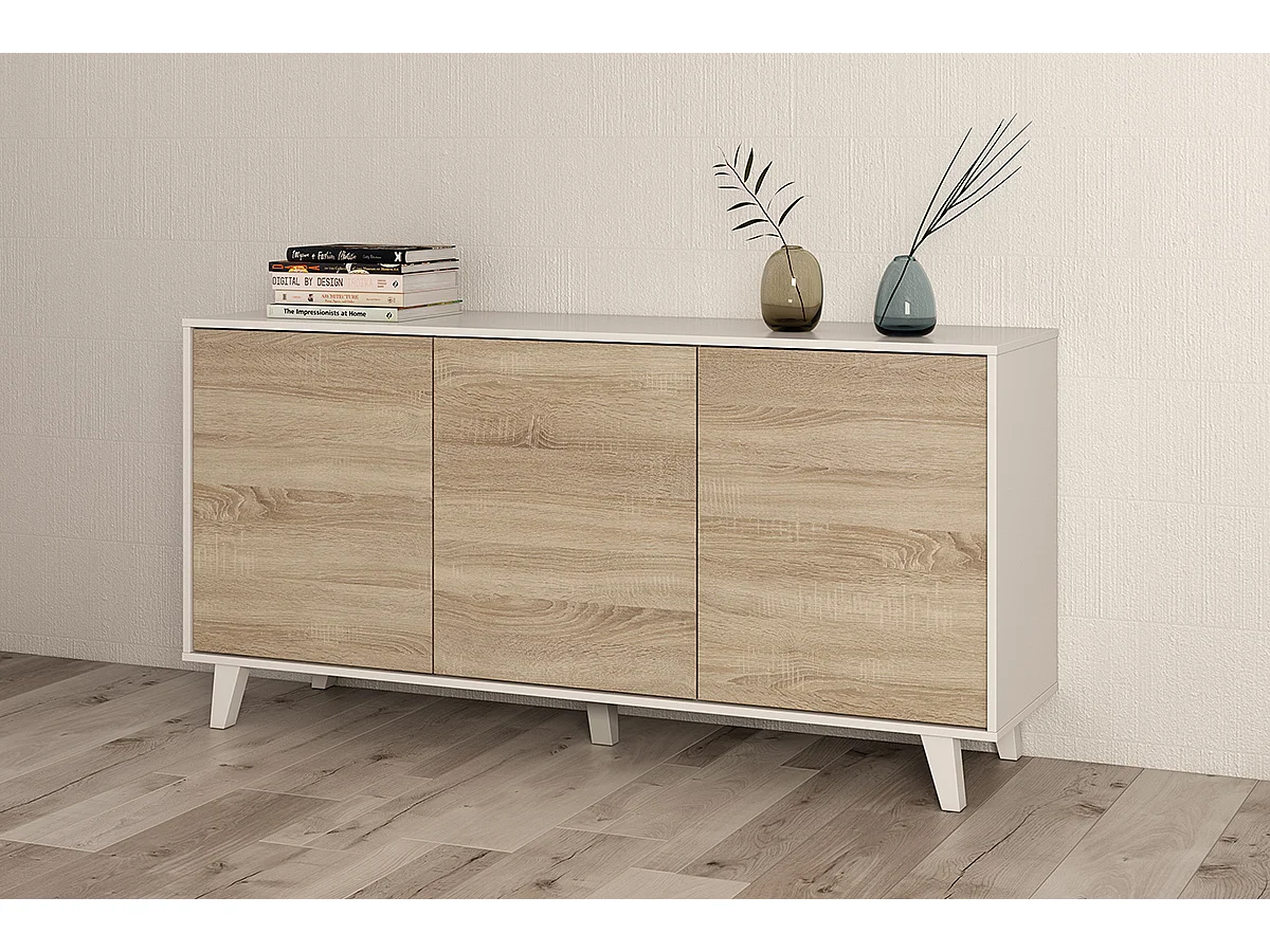 Buffet avec 3 Portes coloris blanc brillant et chêne - Dim : L 154 x P 41 x H 75 cm