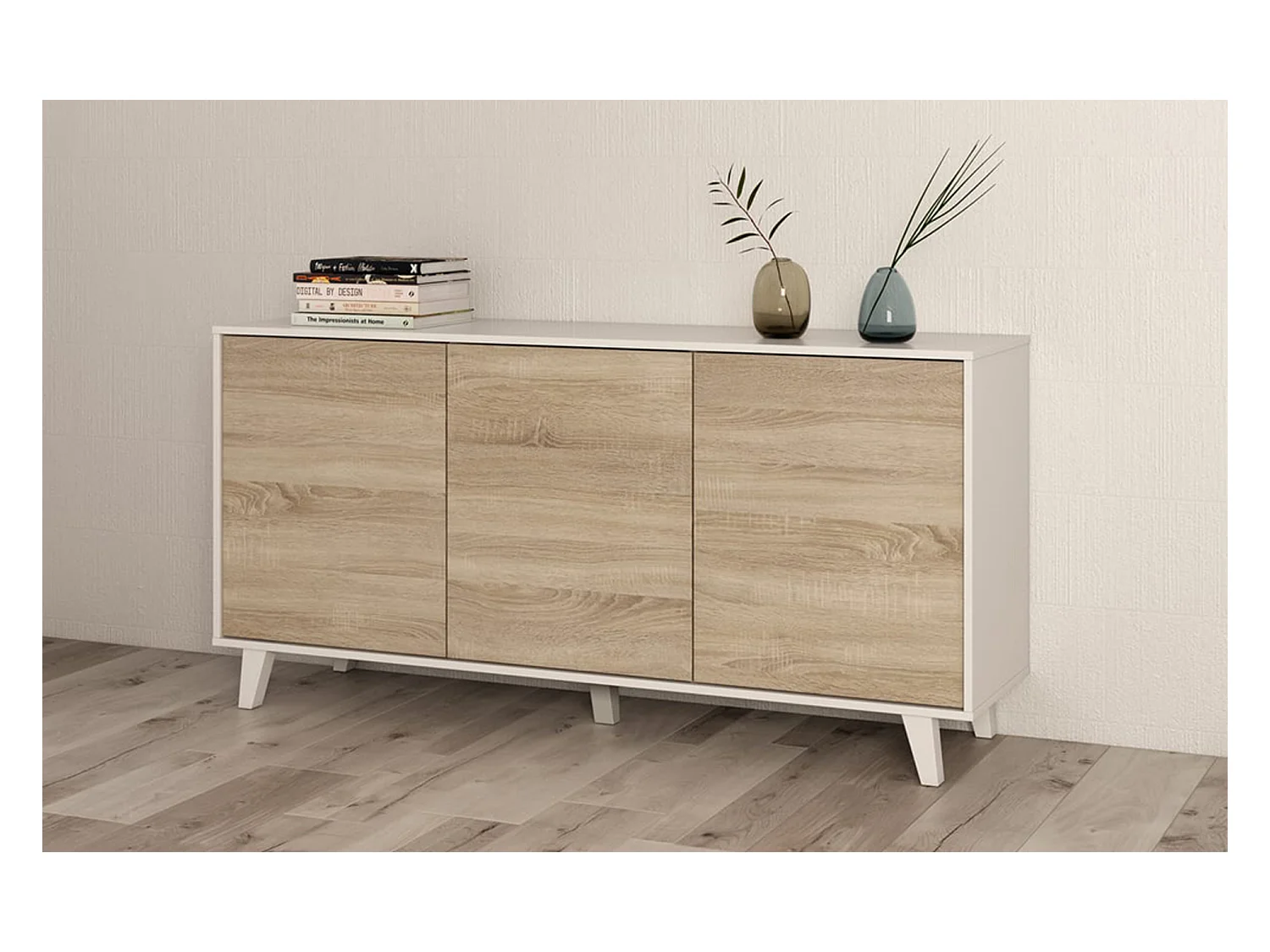 Buffet avec 3 Portes coloris blanc brillant et chêne - Dim : L 154 x P 41 x H 75 cm