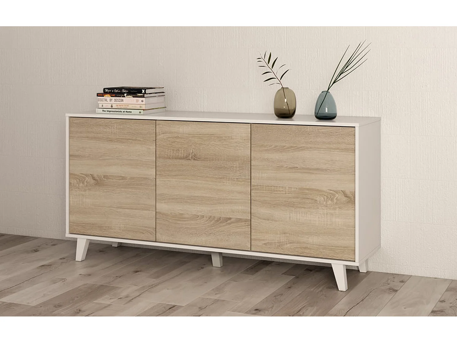 Buffet avec 3 Portes coloris blanc brillant et chêne - Dim : L 154 x P 41 x H 75 cm