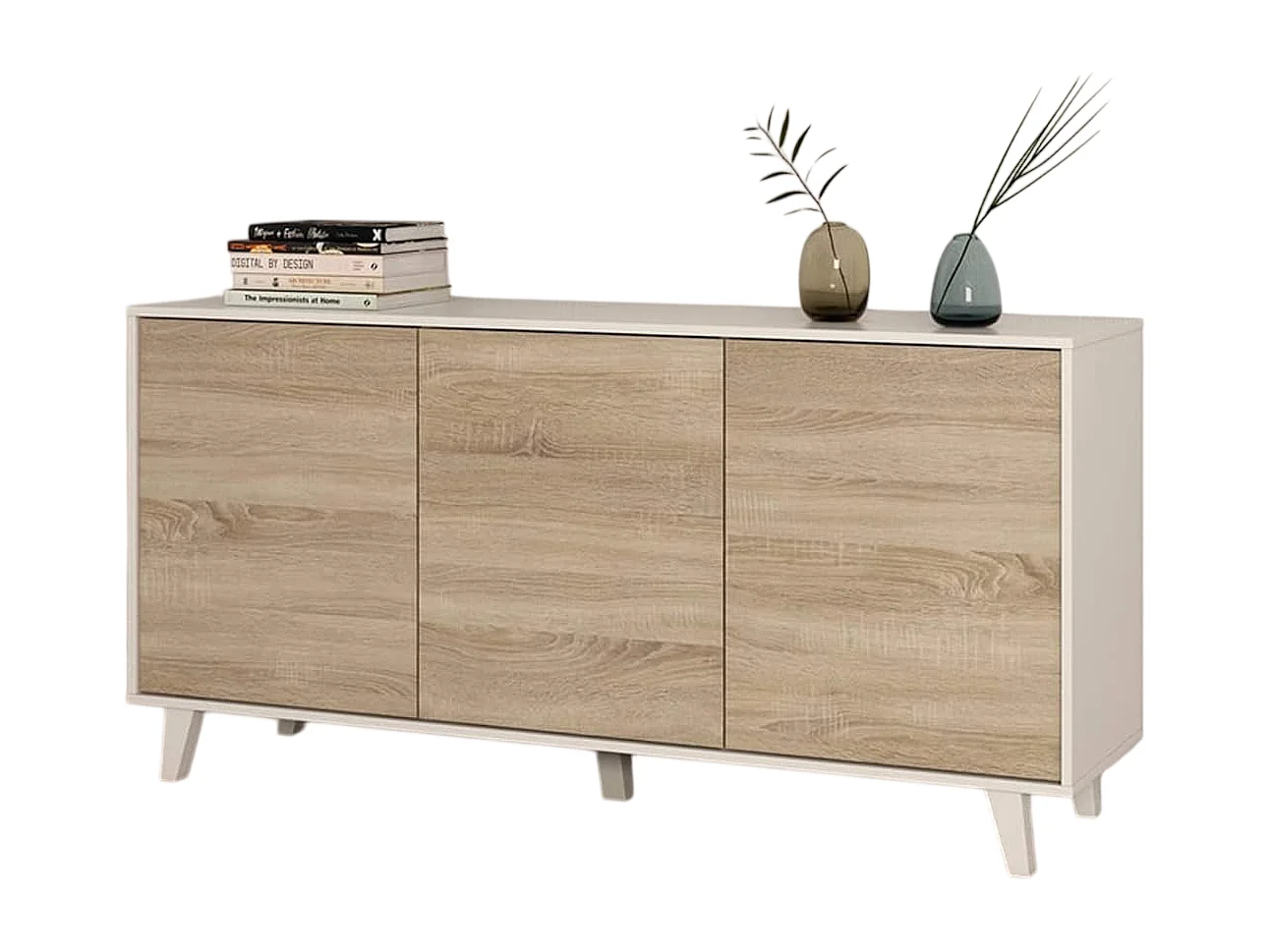 Buffet avec 3 Portes coloris blanc brillant et chêne - Dim : L 154 x P 41 x H 75 cm