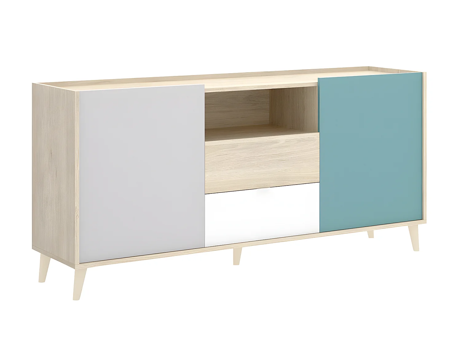Buffet meuble de rangement coloris naturel et émeraude - Longueur 155 x Hauteur 75 x Profondeur 43 cm