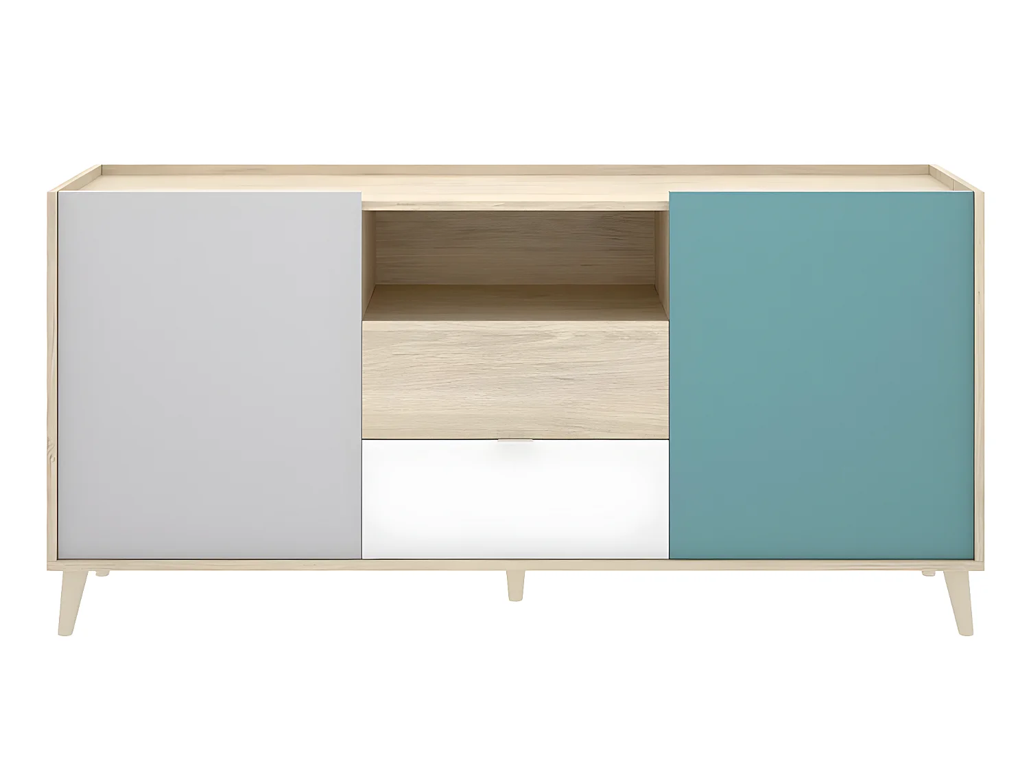 Buffet meuble de rangement coloris naturel et émeraude - Longueur 155 x Hauteur 75 x Profondeur 43 cm