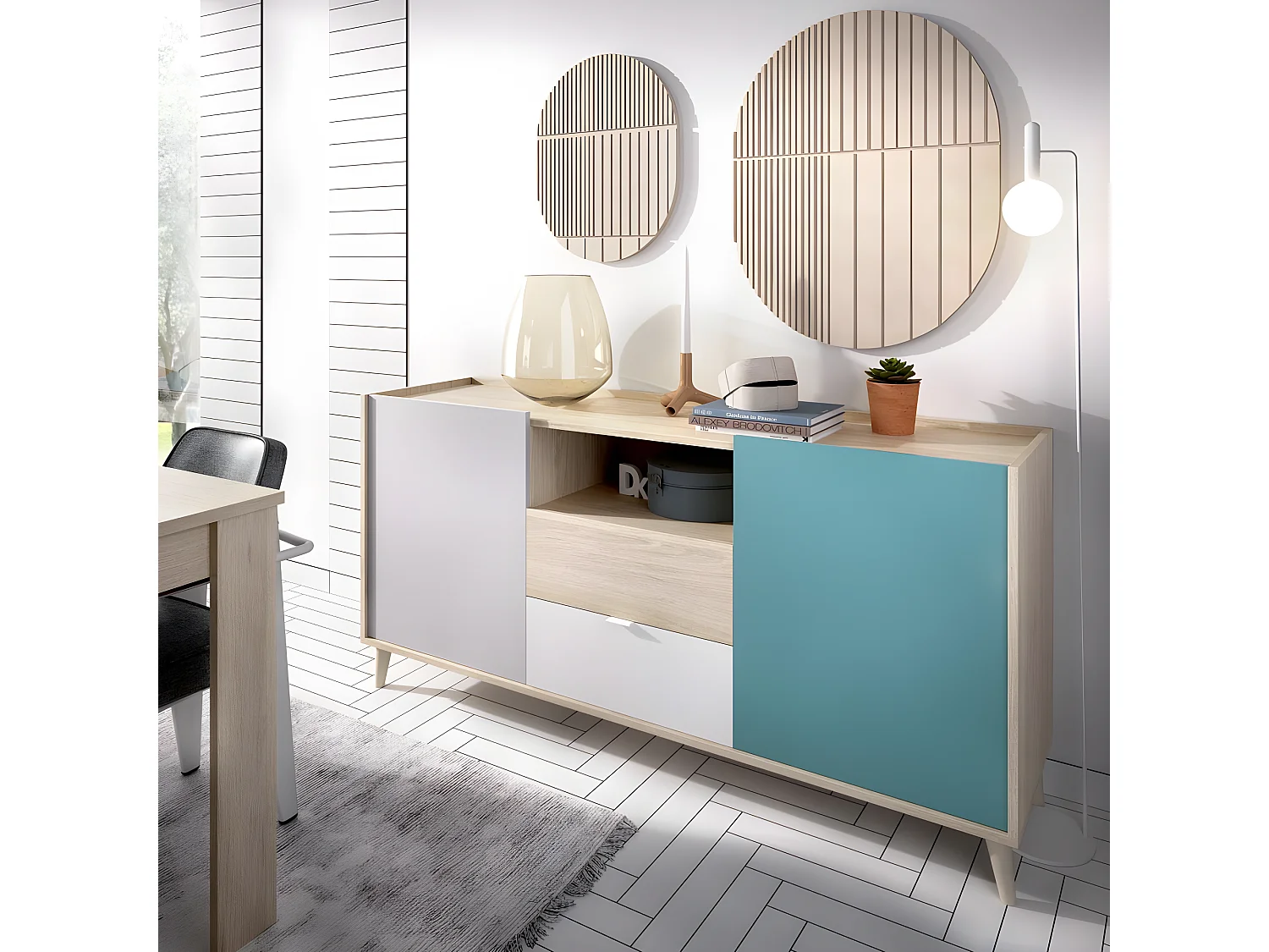 Buffet meuble de rangement coloris naturel et émeraude - Longueur 155 x Hauteur 75 x Profondeur 43 cm