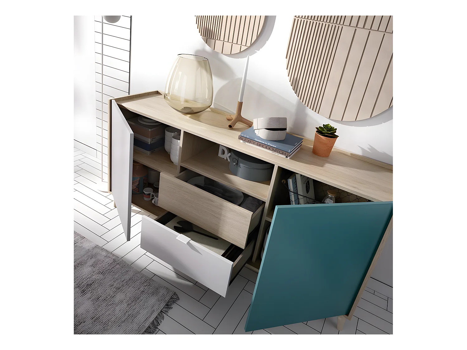 Buffet meuble de rangement coloris naturel et émeraude - Longueur 155 x Hauteur 75 x Profondeur 43 cm