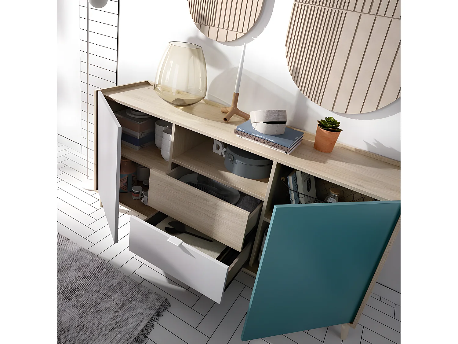 Buffet meuble de rangement coloris naturel et émeraude - Longueur 155 x Hauteur 75 x Profondeur 43 cm