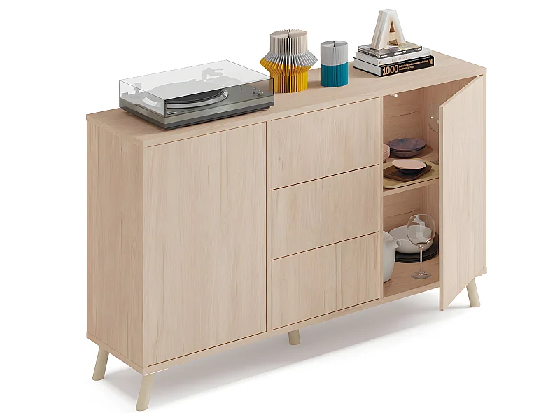 Buffet 2 portes + 4 tiroirs coloris effet bois - Hauteur 90 x Longueur 140 x Profondeur 40 cm