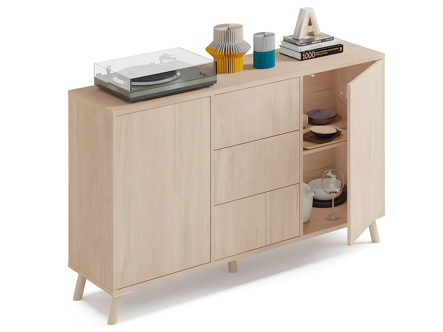 Buffet 2 portes + 4 tiroirs coloris effet bois - Hauteur 90 x Longueur 140 x Profondeur 40 cm