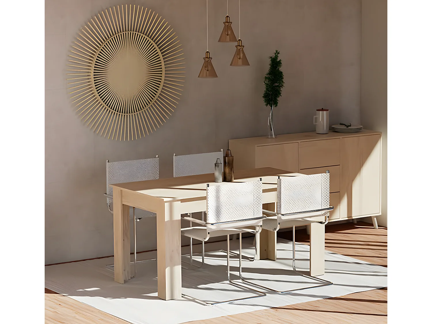 Buffet 2 portes + 4 tiroirs coloris effet bois - Hauteur 90 x Longueur 140 x Profondeur 40 cm