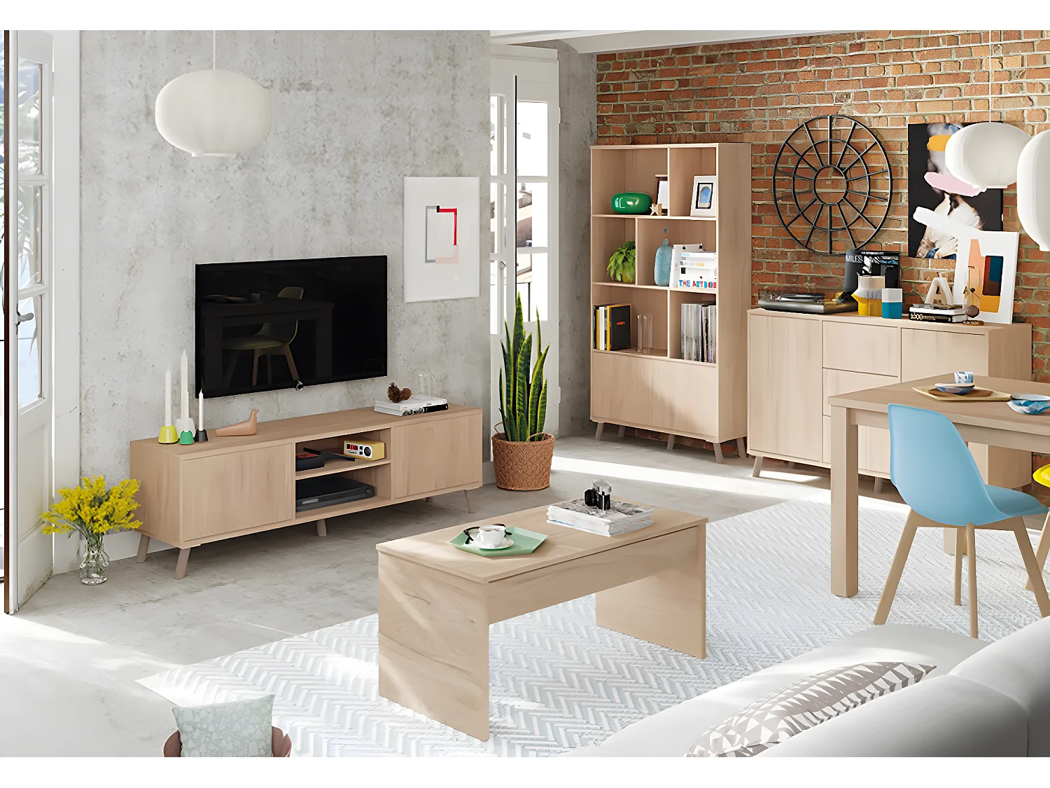 Buffet 2 portes + 4 tiroirs coloris effet bois - Hauteur 90 x Longueur 140 x Profondeur 40 cm