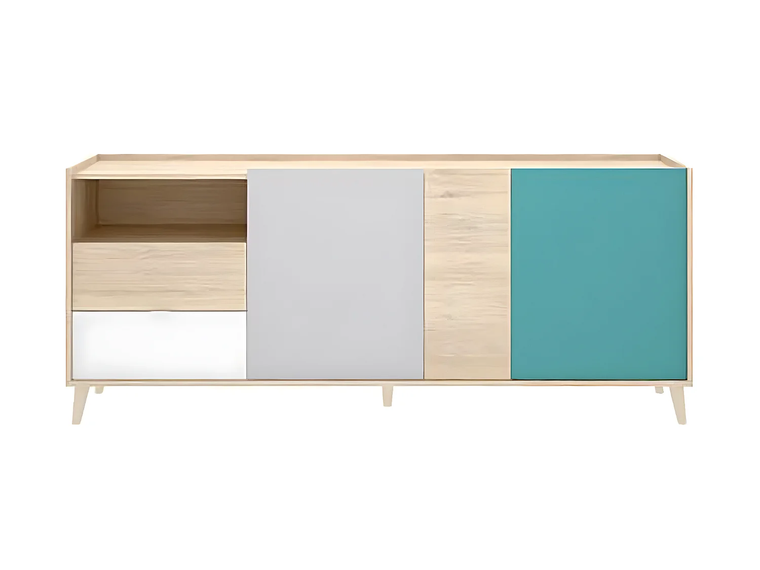 Buffet meuble de rangement coloris naturel et émeraude - Longueur 180 x Hauteur 75 x Profondeur 43 cm