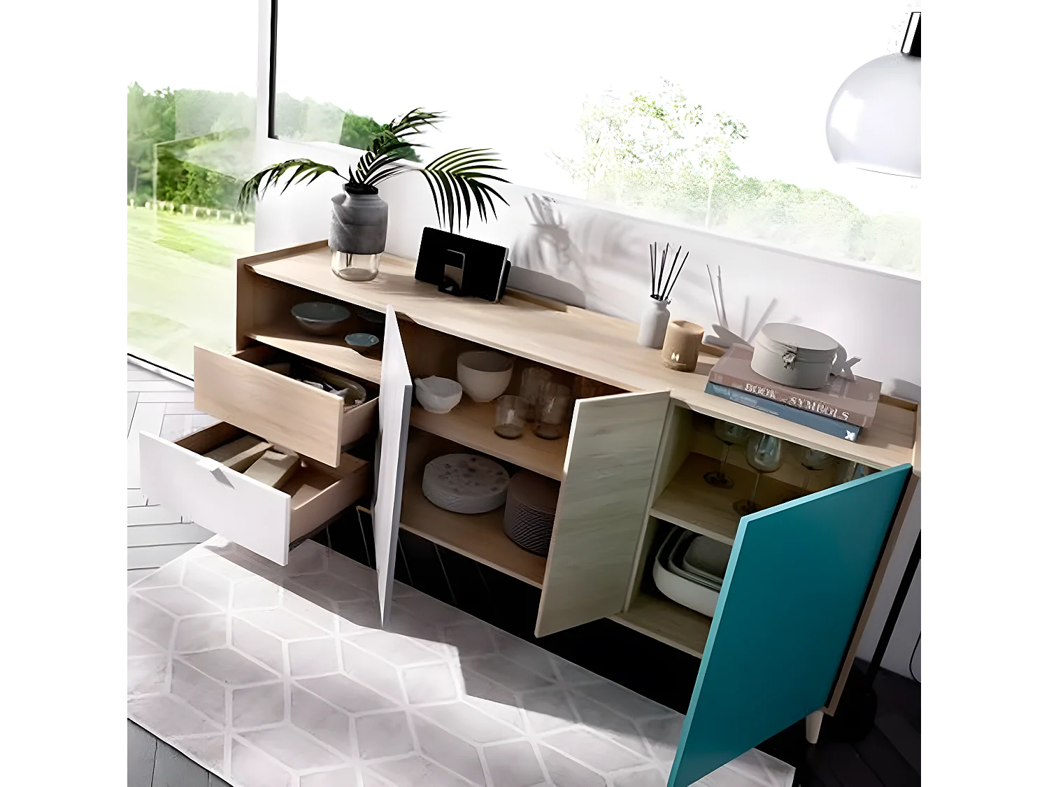 Buffet meuble de rangement coloris naturel et émeraude - Longueur 180 x Hauteur 75 x Profondeur 43 cm