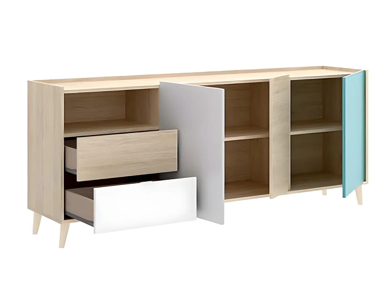 Buffet meuble de rangement coloris naturel et émeraude - Longueur 180 x Hauteur 75 x Profondeur 43 cm