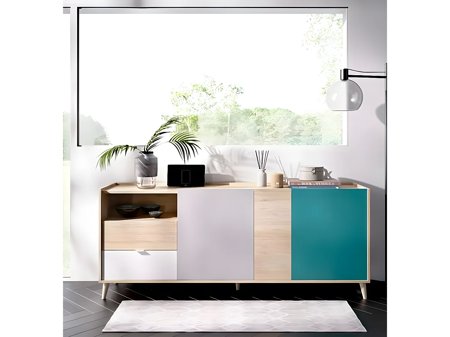 Buffet meuble de rangement coloris naturel et émeraude - Longueur 180 x Hauteur 75 x Profondeur 43 cm