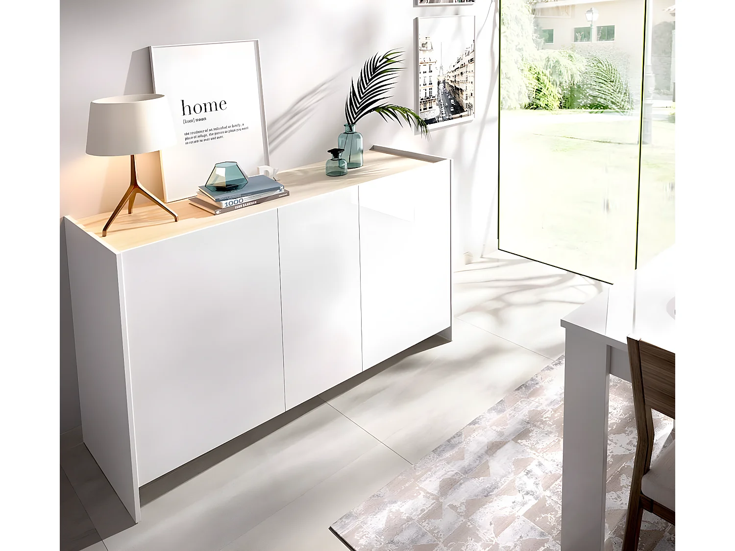 Buffet 3 portes coloris blanc /naturel - Longueur 138 x Hauteur 76 x Profondeur 42 cm