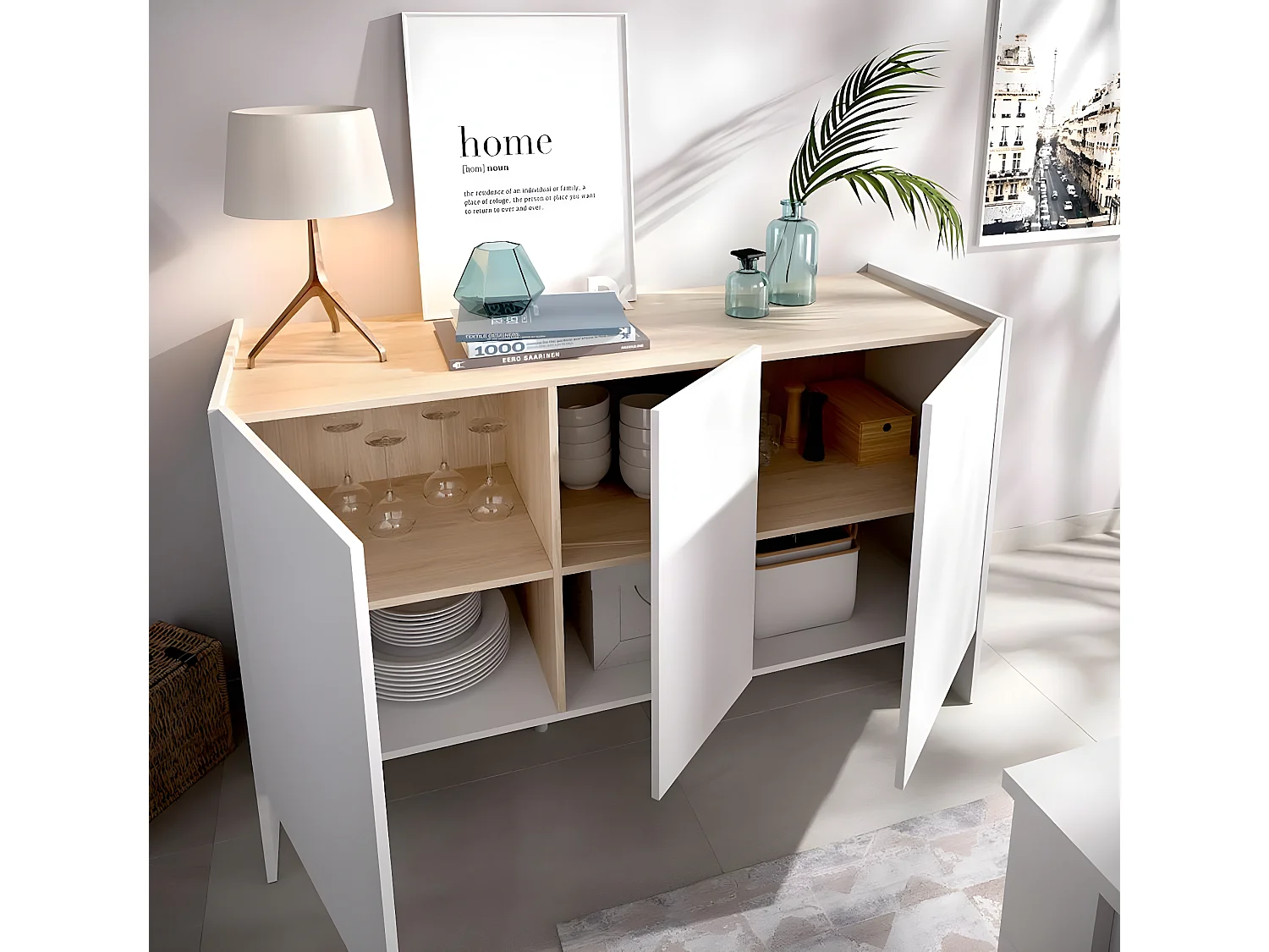 Buffet 3 portes coloris blanc /naturel - Longueur 138 x Hauteur 76 x Profondeur 42 cm