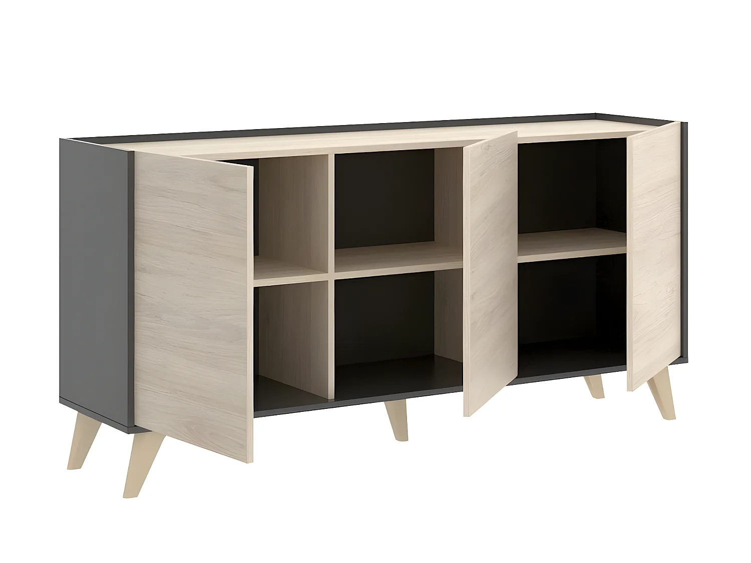 Buffet Meuble de rangement 3 portes coloris graphite/naturel - Longueur 155 x Hauteur 75 x Profondeur 43 cm