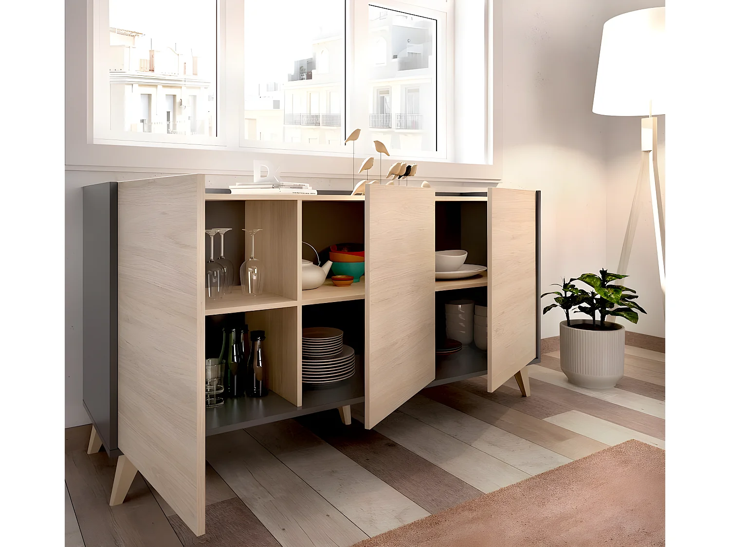 Buffet Meuble de rangement 3 portes coloris graphite/naturel - Longueur 155 x Hauteur 75 x Profondeur 43 cm