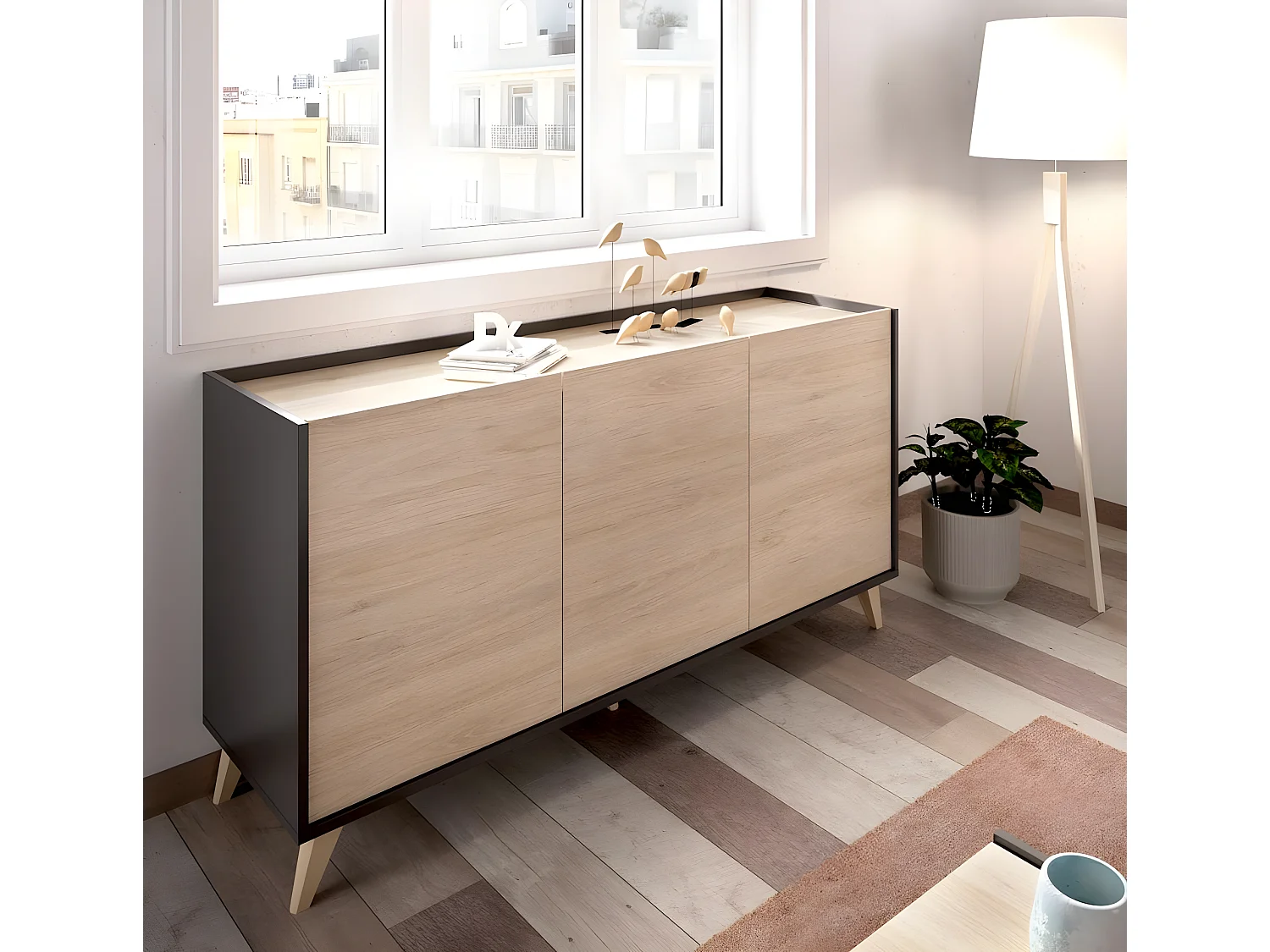 Buffet Meuble de rangement 3 portes coloris graphite/naturel - Longueur 155 x Hauteur 75 x Profondeur 43 cm