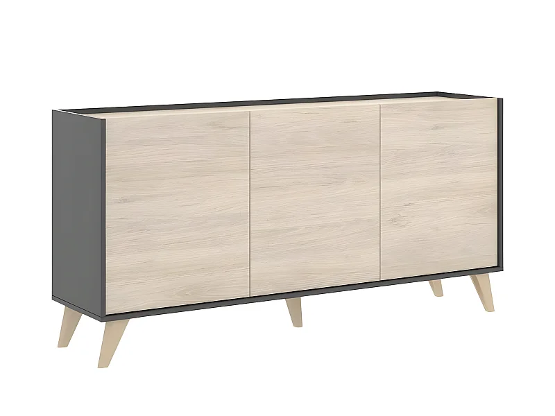 Buffet Meuble de rangement 3 portes coloris graphite/naturel - Longueur 155 x Hauteur 75 x Profondeur 43 cm