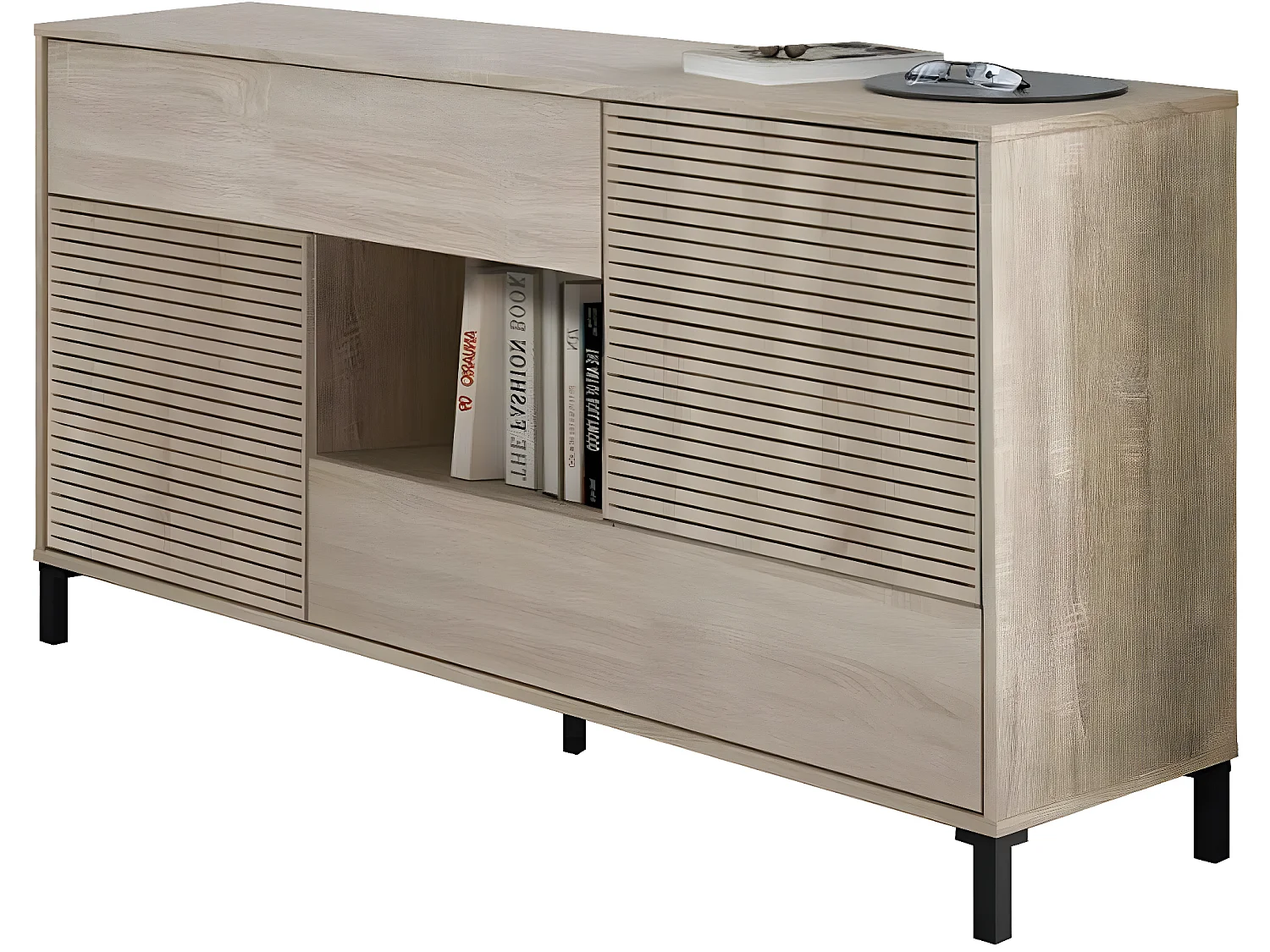 Buffet avec 2 portes et 2 tiroirs coloris chêne canadien / impression digitale - Hauteur 80 x Longueur 151 x Profondeur 41 cm