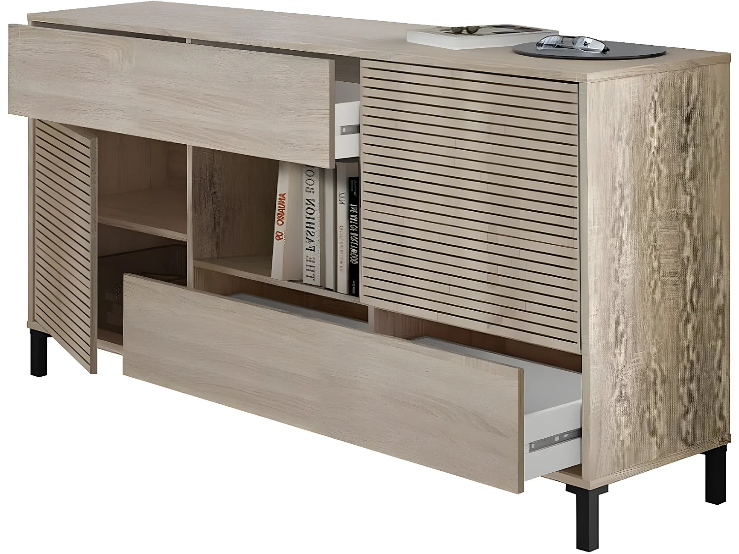 Buffet avec 2 portes et 2 tiroirs coloris chêne canadien / impression digitale - Hauteur 80 x Longueur 151 x Profondeur 41 cm