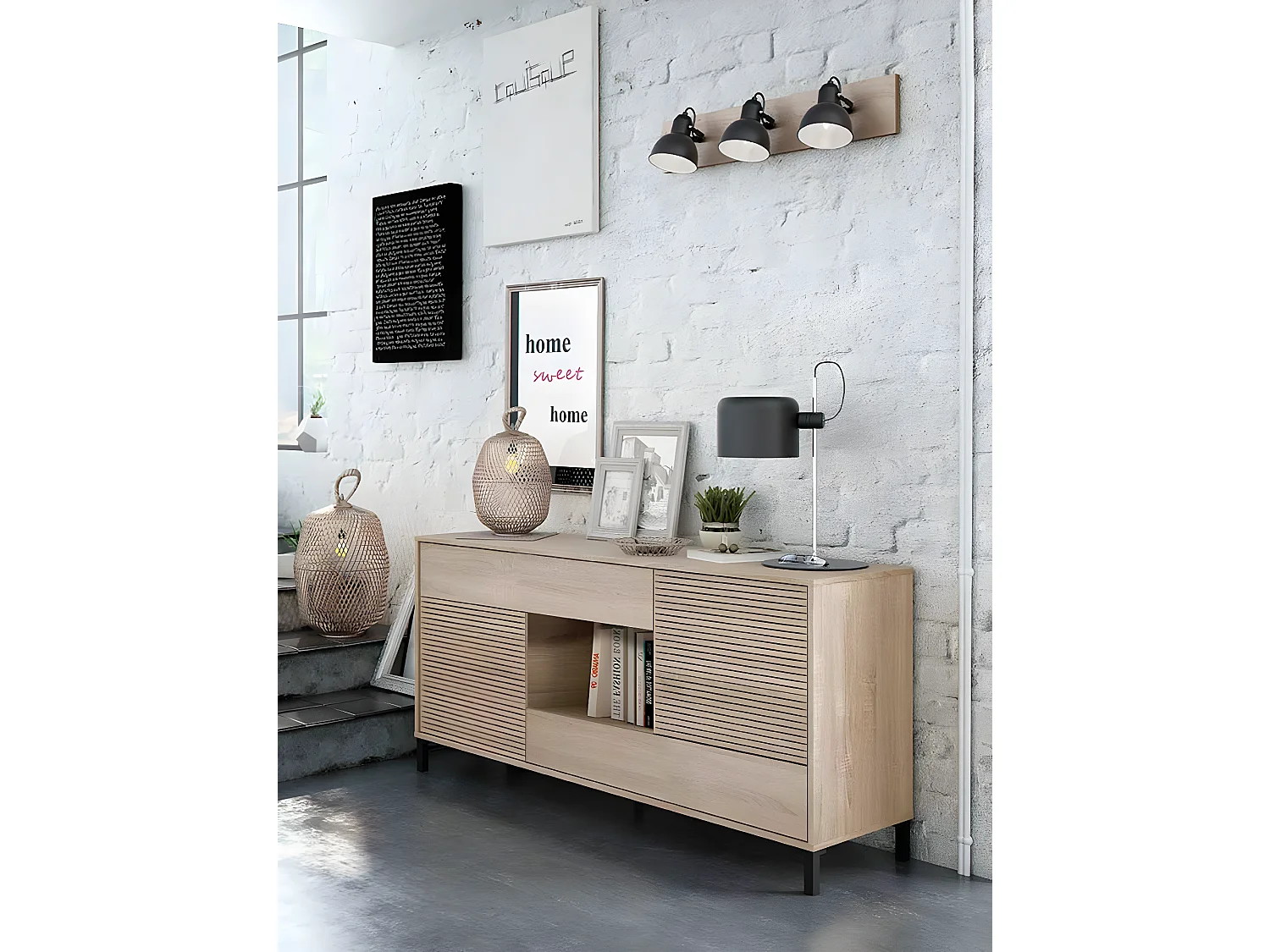 Buffet avec 2 portes et 2 tiroirs coloris chêne canadien / impression digitale - Hauteur 80 x Longueur 151 x Profondeur 41 cm