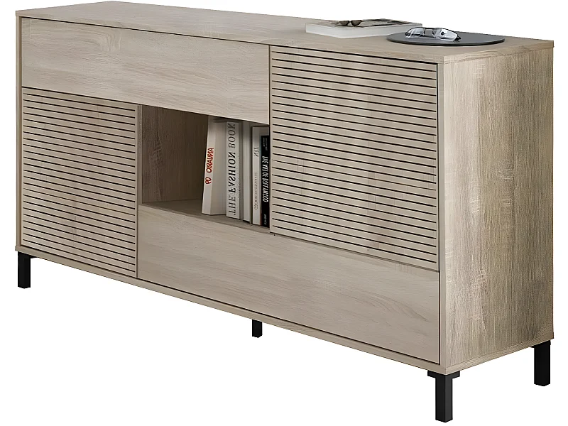 Buffet avec 2 portes et 2 tiroirs coloris chêne canadien / impression digitale - Hauteur 80 x Longueur 151 x Profondeur 41 cm