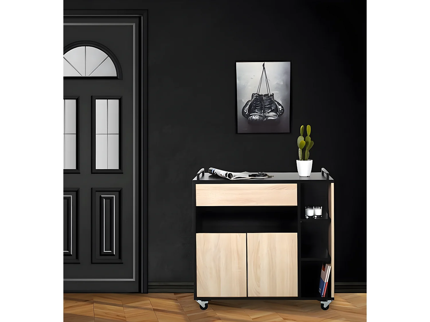 Chariot de cuisine/ Desserte effet Chêne brut/noir - 78,4 x 79 x 39,6 cm