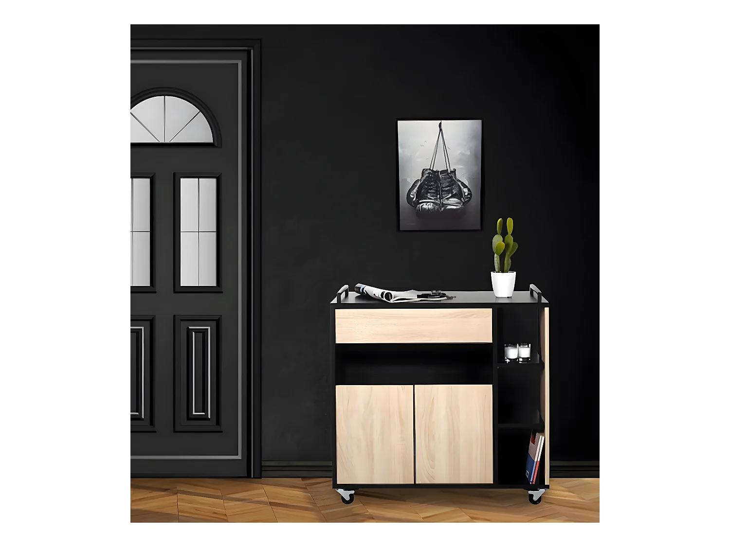 Chariot de cuisine/ Desserte effet Chêne brut/noir - 78,4 x 79 x 39,6 cm