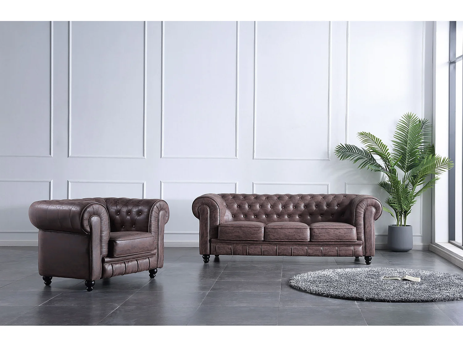 Canapé 3 places en simili-cuir coloris marron chocolat - Longueur 211 x profondeur 84 x hauteur 75 cm