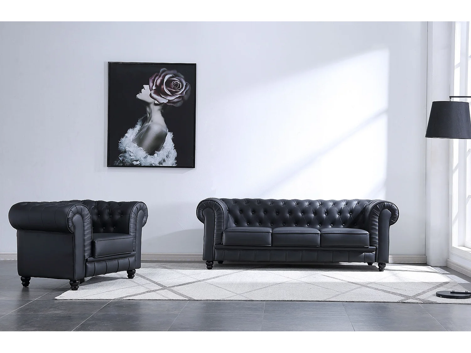 Canapé 3 places en simili-cuir coloris noir - Longueur 211 x profondeur 84 x hauteur 75 cm