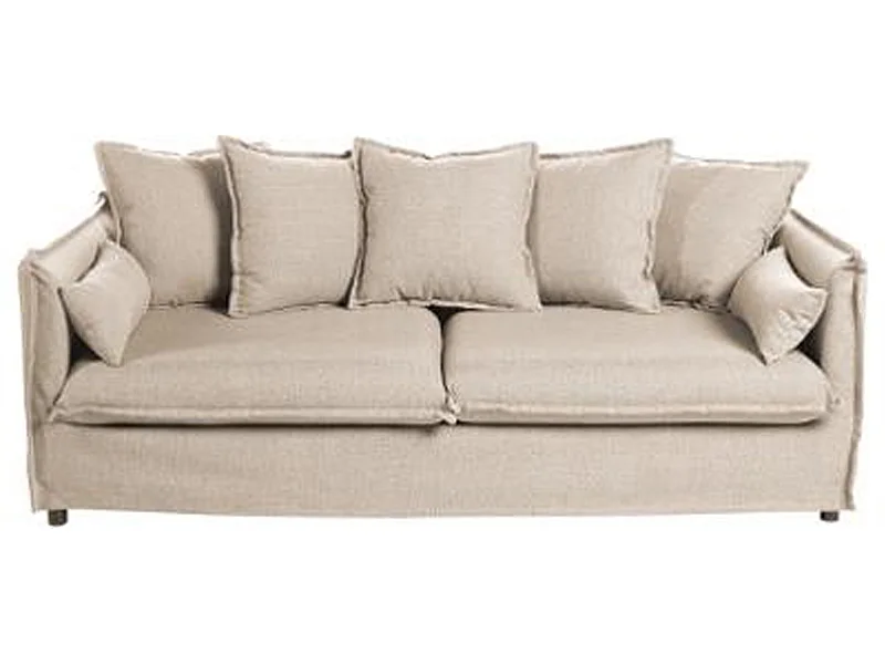 Canapé 3 places en bois et polyester, couleur beige - Dim : L210 x l104 x H69 - 78 cm