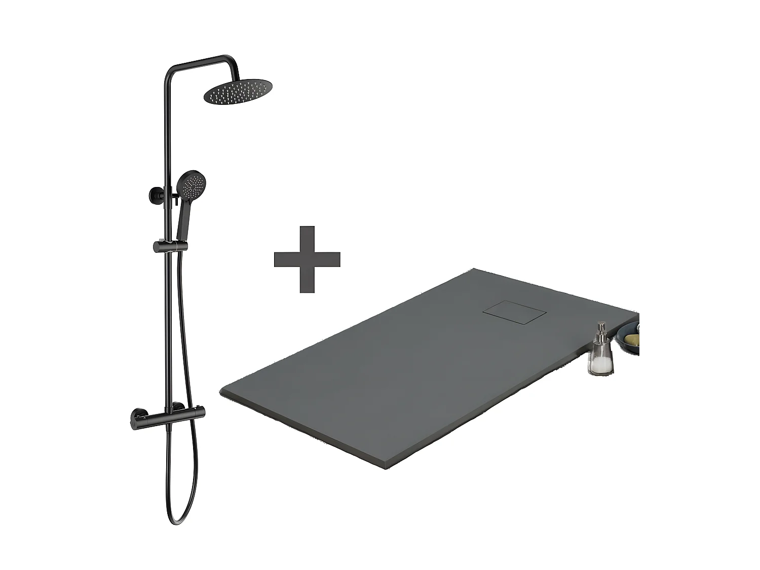 Kit Piatto doccia ultrasottile 90 x 170 cm PIATTO grigio basalto + Colonna doccia termostatica Finitura nera opaca